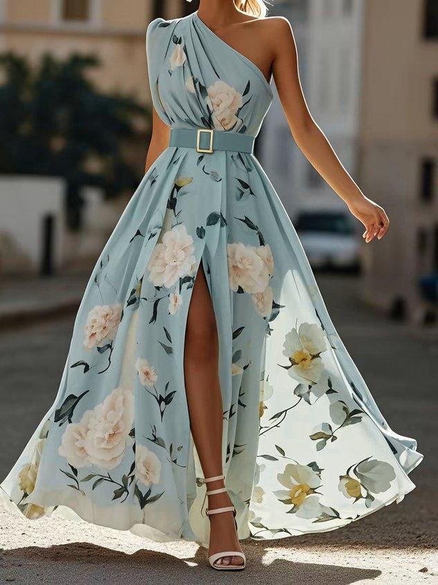 Julie | Abito Maxi Chiffon Floreale a Spalle Scoperte Verde Chiaro