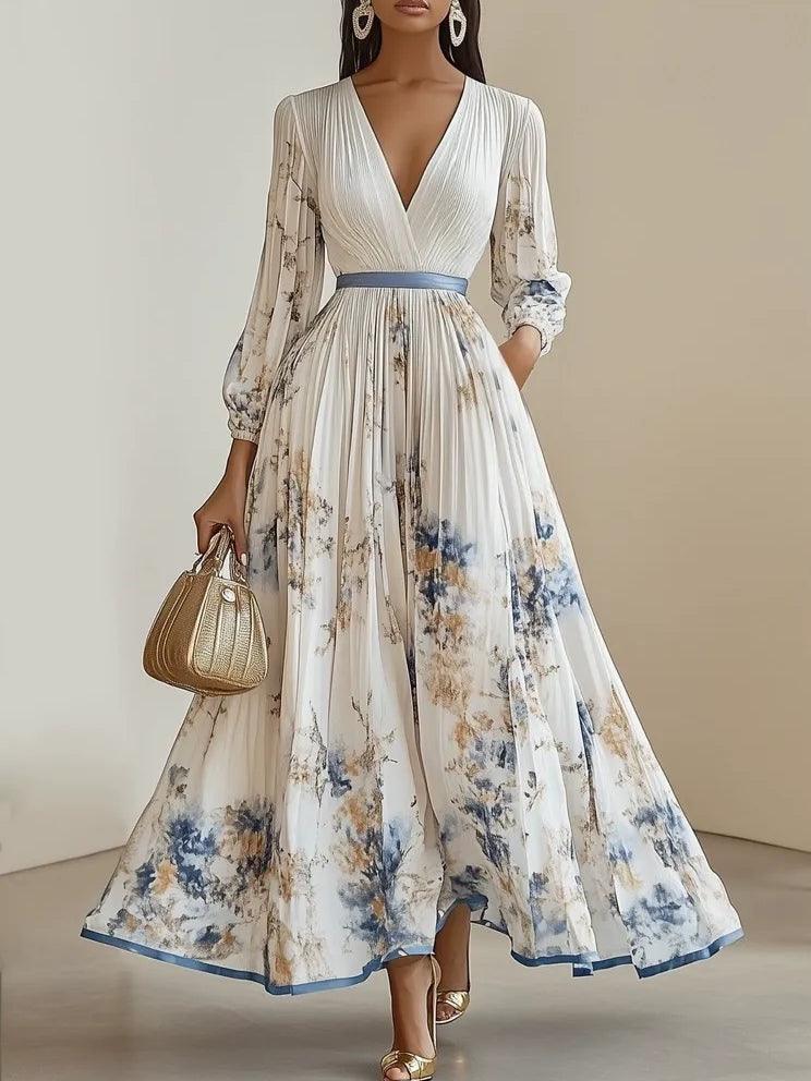 Amalia | Abito Maxi in Chiffon Floreale Bianco con Maniche Voluminose