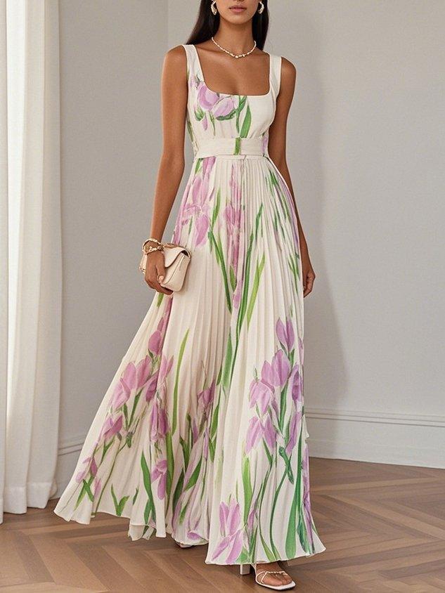 Marie | Abito Maxi Chiffon Floreale Plissettato Bianco