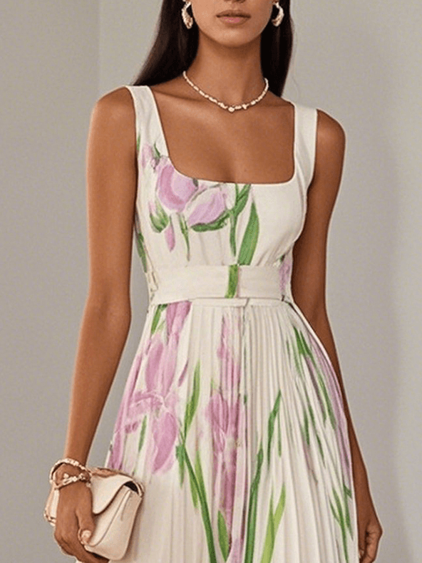 Marie | Abito Maxi Chiffon Floreale Plissettato Bianco
