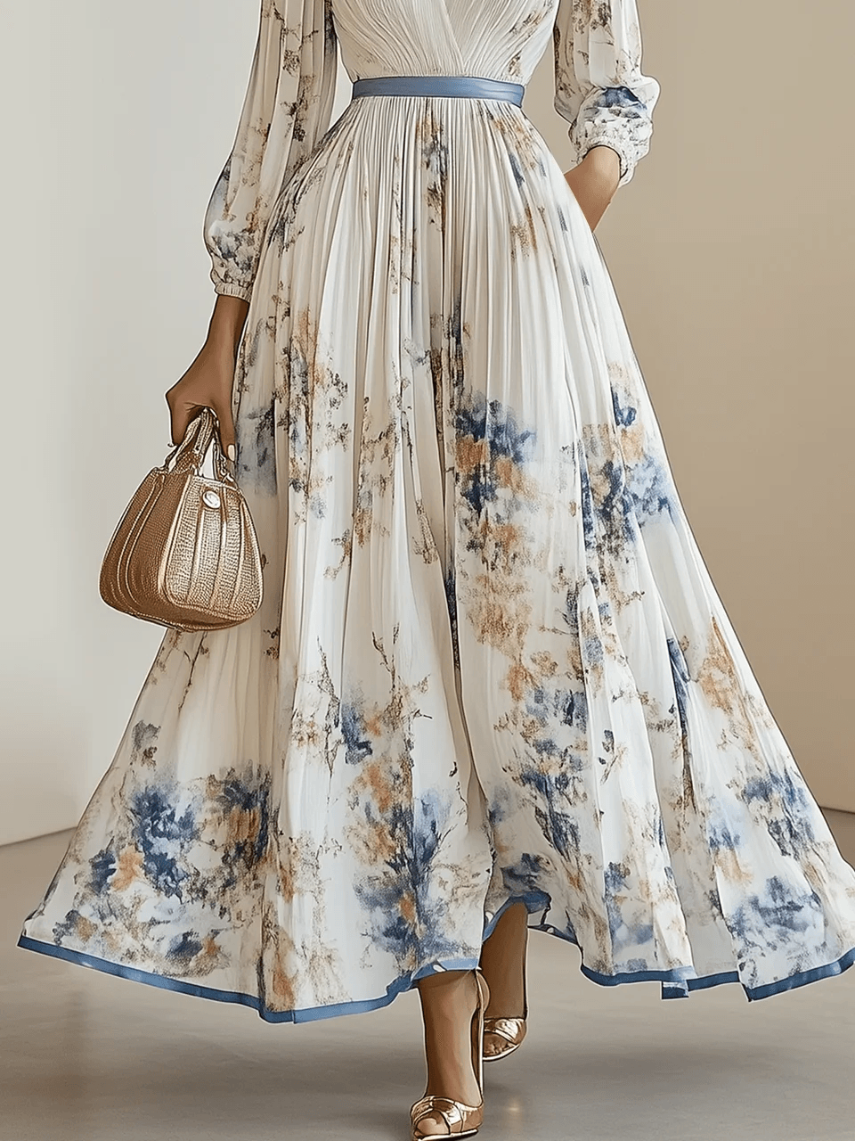 Amalia | Abito Maxi in Chiffon Floreale Bianco con Maniche Voluminose