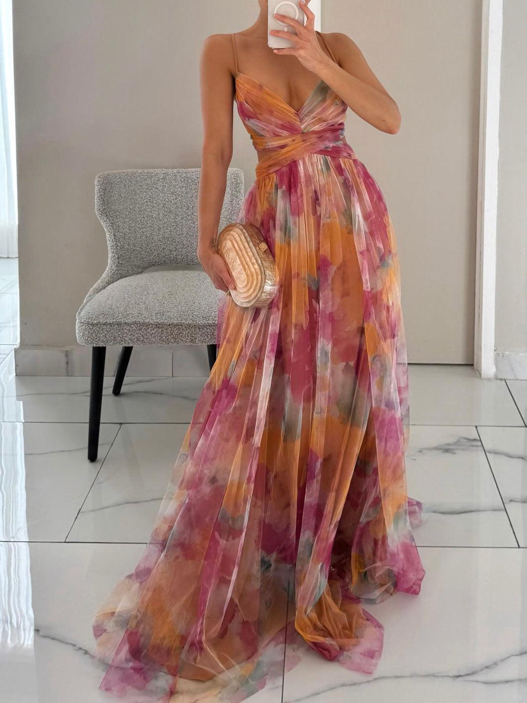 Karen | Abito Maxi Stampato Floreale con Collo a V
