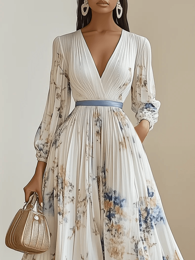 Amalia | Abito Maxi in Chiffon Floreale Bianco con Maniche Voluminose