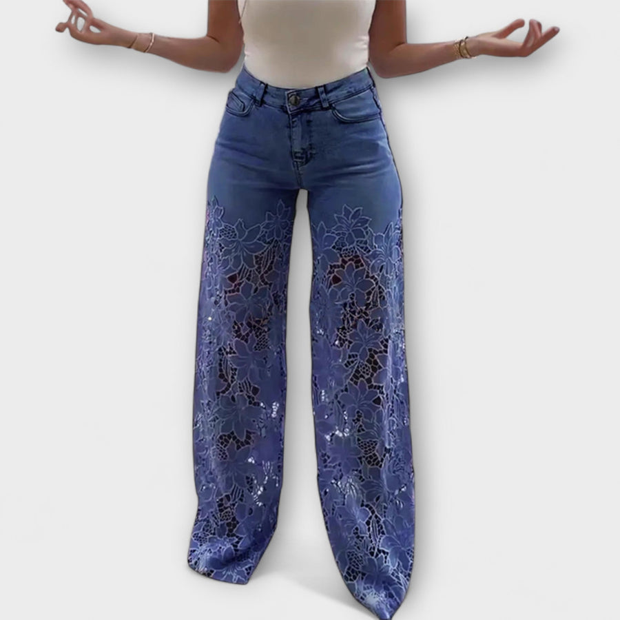 Virelle – Jeans con trasparenza floreale e gamba ampia